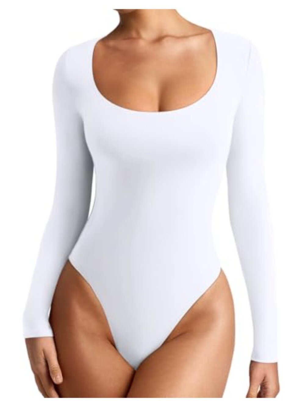 Women's Scoop Neck Long Sleeve Double Lined Bodysuit Seamless Slimming